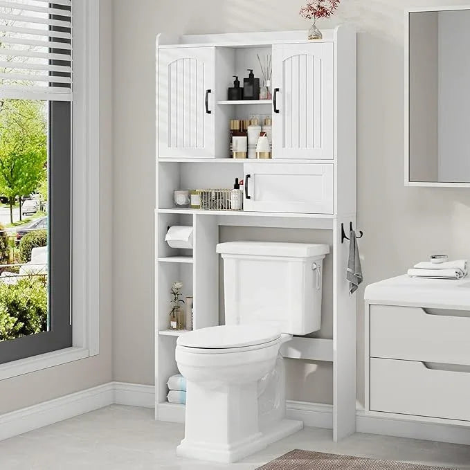 Vabches Farmhouse Over The Toilet Storage Cabinet with 2 Barn Doors & Sliding Door, Over The Toilet Bathroom Organizer with Open Storage Layer and Adjustable Shelves & Hooks.White - ModernBath