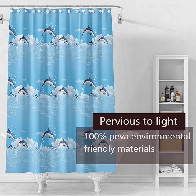 TIKABC Shower Curtain Liner, 4G PEVA Blue Dolphin Shower Liner, Plastic Waterproof Shower Curtains, 72x72 inch with Grommet Holes 3 Magnetic Weights - ModernBath