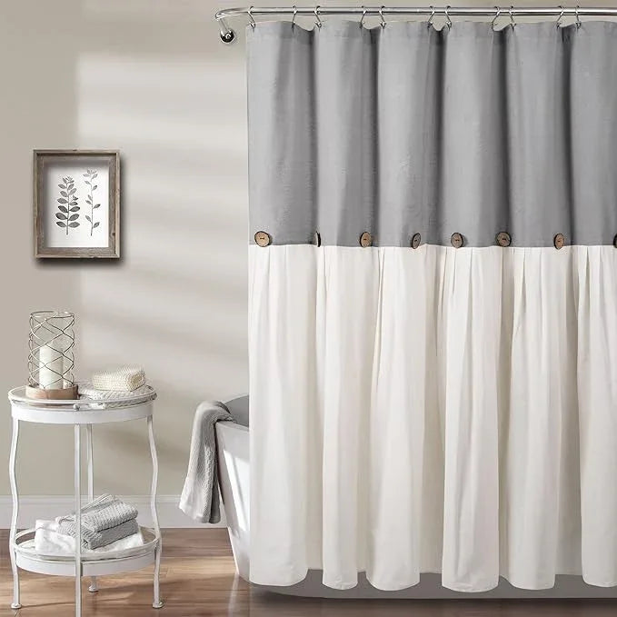 Lush Decor Linen Button Shower Curtain, 72" W x 72" L, Gray & Off White - Gray Shower Curtain Fabric - Bathroom Curtain - Farmhouse Bathroom Decor - ModernBath