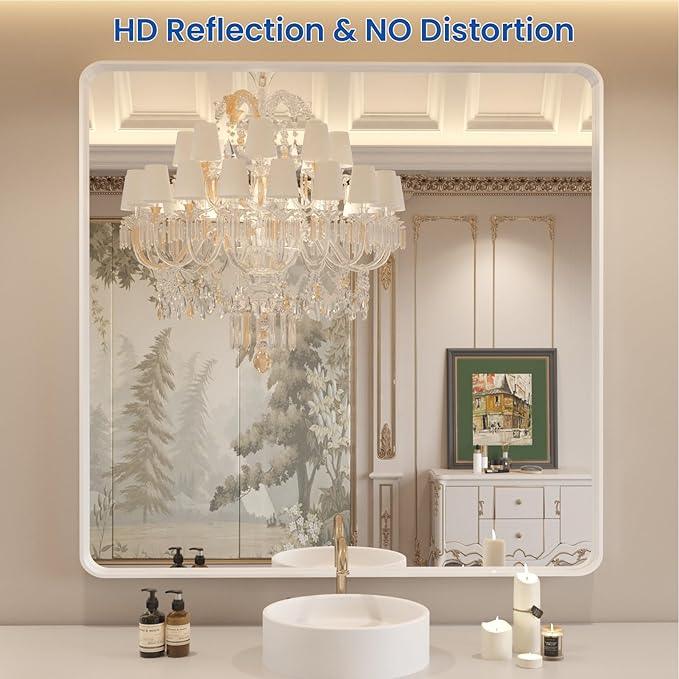 WEER White Bathroom Mirror 36X36 Inch, Rounded Rectangle White Metal Frame Mirror, Matte White Bathroom Vanity Mirror with Tempered Glass, Anti-Rust, Hangs Horizontally or Vertically - ModernBath