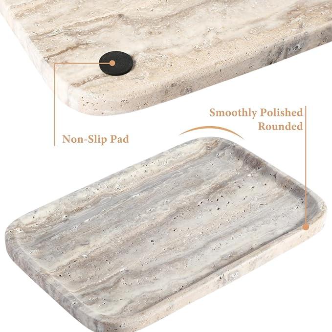 Karibiber Marble Vanity Trays, Travertine Bathroom Tray, Decorative Tray for Dresser Countertop, Grey Stone Serving Holder for Kitchen, Storage Trays for Perfume, Jewelry Candle Organizer - ModernBath