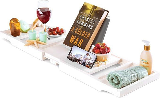 Wooden Bathtub Tray - Foldable & Expandable Bamboo Bath Tray for Tub with Wine Holder, Book & Tablet Stand - Bath Caddy Tray for Bathtub, Spa Bath Accessories, Tub Tray Table, Gifts for Her (White) - ModernBath