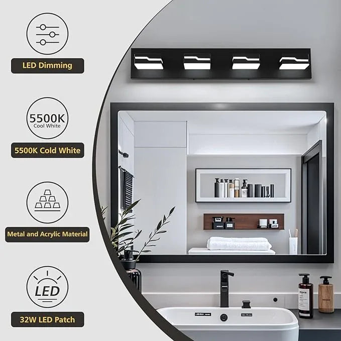 Merexcint LED Modern Bathroom Vanity Light Fixtures 4-Light, 25.5 inch Dimmable Black Vanity Lights for Bathroom Lighting Fixtures Over Mirror, with 350°Rotatable Acrylic Heads(White Light 5500K) - ModernBath