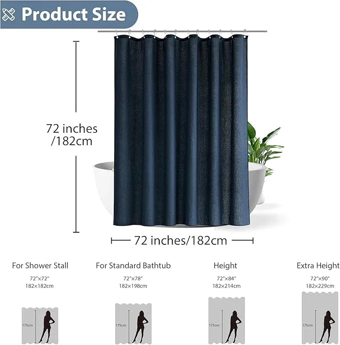 Jowels Navy Blue Linen Shower Curtain, Boho Farmhouse Shower Curtain Set for Bathroom, 200GSM Luxury Weighted Water Resistant Fabric Textured Shower Curtains with 12 Metal Hooks, 72Wx72H - ModernBath