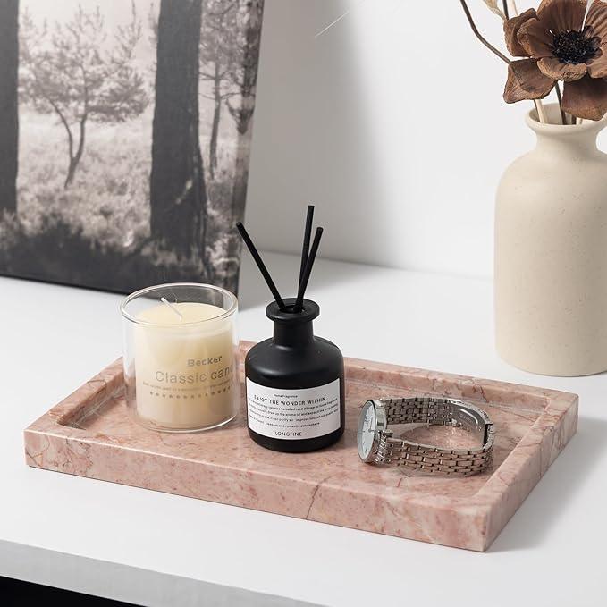 Natural Marble Rectangular Tray 10x6 Inch - Cream Rose Vanity Organizer for Bathroom, Coffee Table & Kitchen - Weighted Base - ModernBath