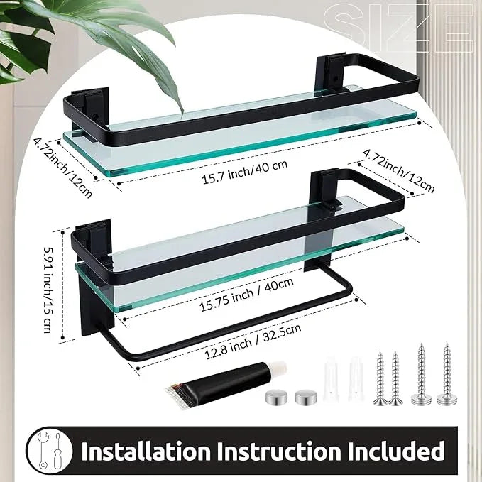 Suzile Set of 2 Glass Bathroom Shelves with Bar, Wall Mounted 15.7 x 4.7 Inches, Bathroom Shelves Hanging Modern Floating Shelf Metal Stick Room Rustproof Organizer Decorative(Black) - ModernBath