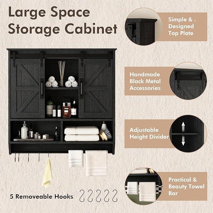RUSTOWN Farmhouse Bathroom Wall Cabinet,3-Tier Rustic Wood Wall Mounted Cabinets,Vintage Medicine Cabinet with Sliding Barn Door and Adjustable Shelves,Over The Toilet Storage Cabinet (Black) - ModernBath