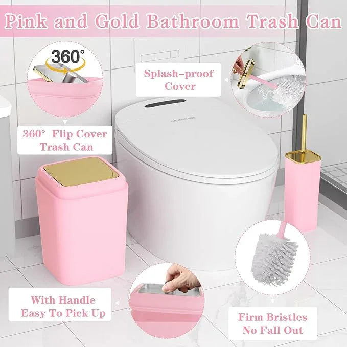 XLHOMO Pink Bathroom Accessories Set, Pink and Gold Bathroom Accessories with Trash Can, Soap Dispenser, Soap Dish, Toothbrush Holder and Q-tip Holders - ModernBath