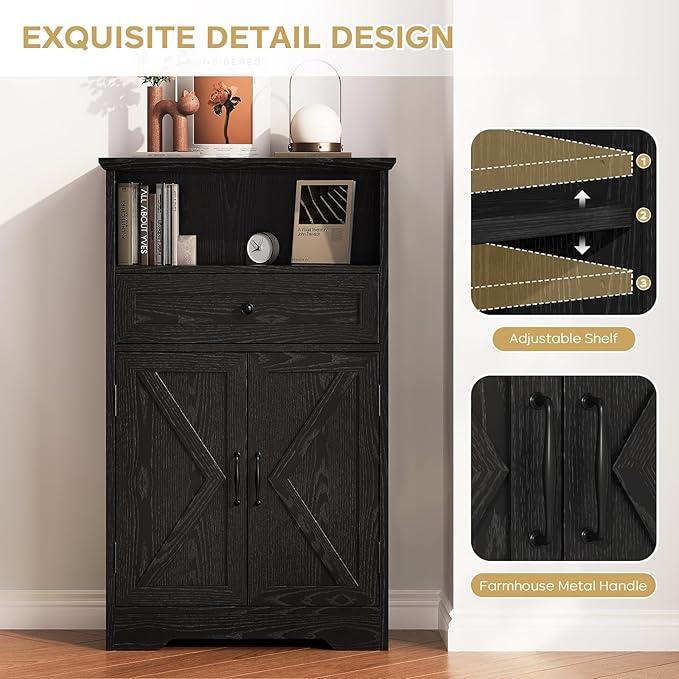 Floor Cabinet, Farmhouse Storage Cabinet with Barn Doors and Drawer, 11.81" D x 23.62" W x 39.37" H Black Freestanding Adjustable Shelf Organizer for Bathroom, Kitchen, Living Room - ModernBath