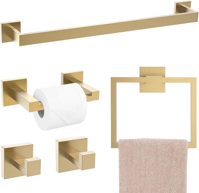TQKAG Brushed Gold Bathroom Hardware Accessories Set 5 Pieces, Double Post Pivoting Toilet Paper Holder Set Stainless Steel Square Bathroom Towel Bar Holder Set Wall Mounted - ModernBath