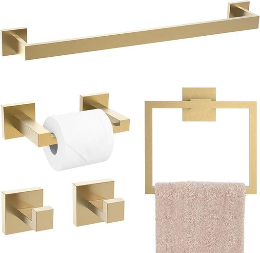 TQKAG Brushed Gold Bathroom Hardware Accessories Set 5 Pieces, Double Post Pivoting Toilet Paper Holder Set Stainless Steel Square Bathroom Towel Bar Holder Set Wall Mounted - ModernBath