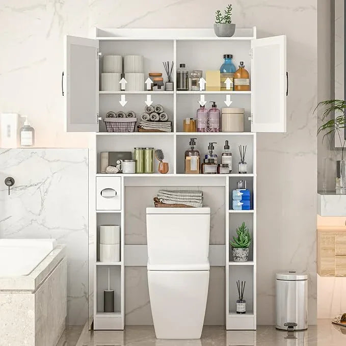 Over The Toilet Storage Cabinet, Farmhouse Toilet Cabinet Rack with Barn Doors, Space Saving Bathroom Organizer with Shelves, Toilet Paper Holder and Towel Rack for Bathroom,Restroom,Laundry（White） - ModernBath