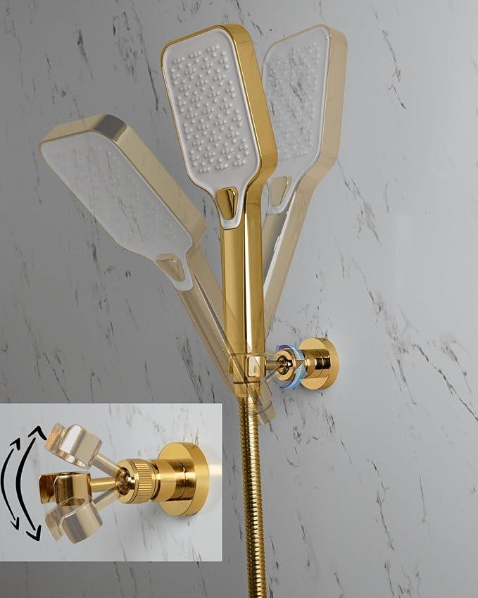 PHASAT Handheld Shower Head Holder Adjustable Solid Brass Handheld Shower Head Bracket Holder Wall Mount,Shower Wand Holder Gold,A13023G - ModernBath