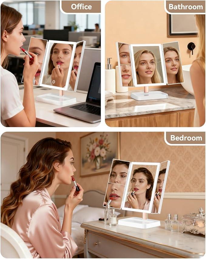 CALEPOP Vanity Mirror with Lights, Makeup Mirror 1X, 2X, 3X Magnification, Trifold 9" L x 14" W, Large Vanity Desk Mirror，Valentine‘s Gift for Wife, Mom, Her - Gift for Girlfriend, Women & Teens - ModernBath