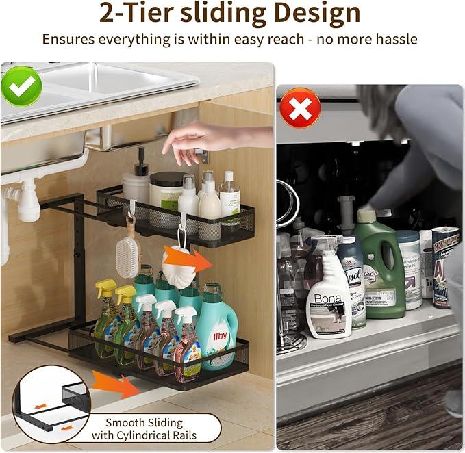 Under Sink Organizer 1 Pack, 2-Tier Slide Out Cabinet Organizer with Metal Sliding Drawer and Hooks, Pull Out Storage Baskets for Kitchen Bathroom Pantry Cabinet Organization (Black (1 pack)) - ModernBath
