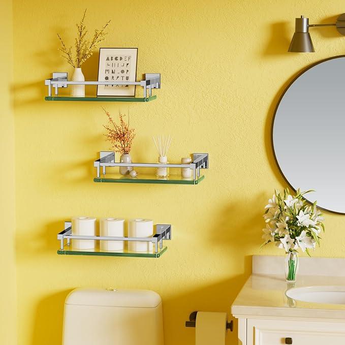Alise Bathroom Glass Shelf with Stainless Steel Railing, Polished Chrome Small Tempered Glass Floating Wall Shelf Over The Toilet, 16 inch - ModernBath