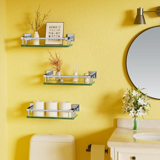 Alise Bathroom Glass Shelf with Stainless Steel Railing, Polished Chrome Small Tempered Glass Floating Wall Shelf Over The Toilet, 16 inch - ModernBath