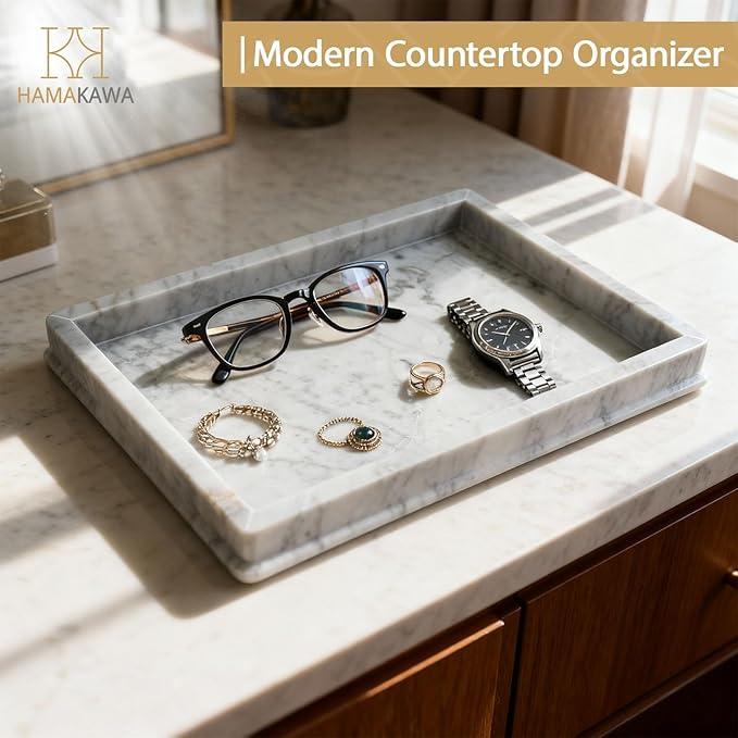 HAMAKAWA Large Natural Marble Bathroom Vanity Tray 12 inch, Carrara White Stone Jewelry Tray, Rectangle Sink Trays, Modern Tank Trays, Countertop Organizer for Soap Dispenser, Kitchen, Home Decor - ModernBath