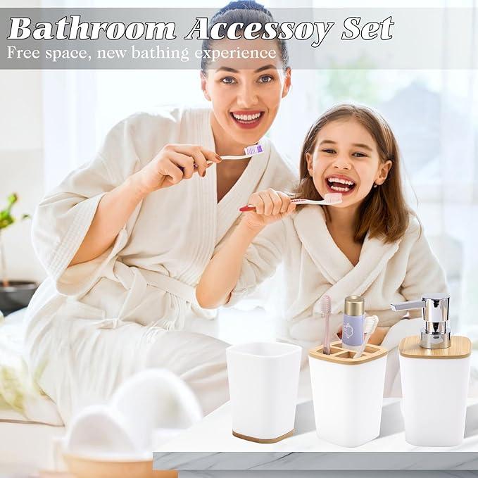 XLHOMO White Bathroom Accessories, Bathroom Accessories Set with Trash Can, Soap Dispenser, Toothbrush Holder, Toothbrush Cup, Soap Dish, Toilet Brush, Tray and Q-tip Holders for Housewarming - ModernBath
