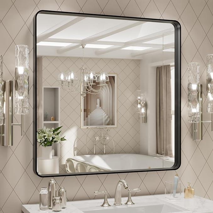 LOAAO 30x30 Inch Black Metal Framed Bathroom Mirror for Wall, Matte Black Bathroom Vanity Mirror Farmhouse, Large Rounded Rectangle Mirror, Anti-Rust, Hangs Horizontally or Vertically - ModernBath