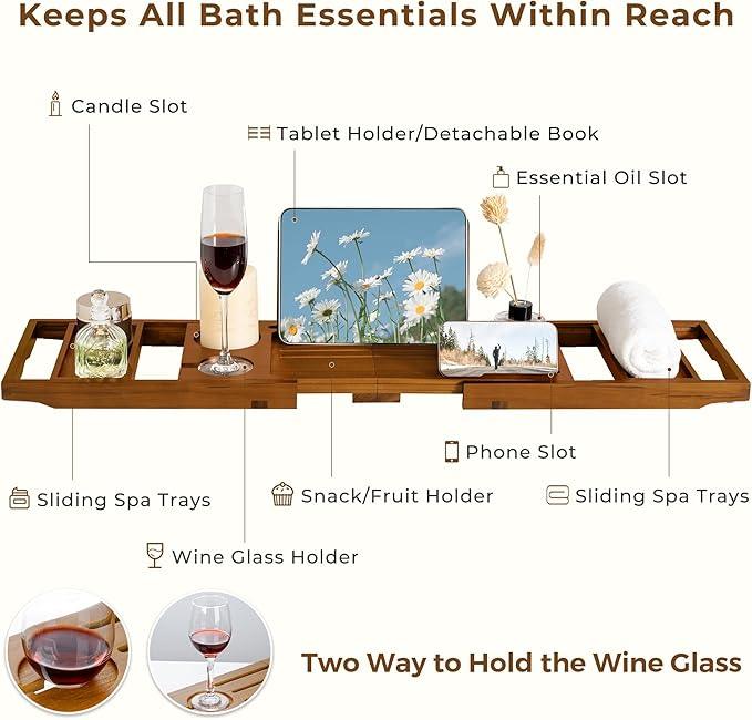 Teak Bathtub Tray, Luxury Bath Table Tray with Wine Glass and Phone Holders & Book Stand, Foldable Wooden Bathtub Caddy for Home Spa Relaxation, Bath Gift for Women（Natural Teak） - ModernBath