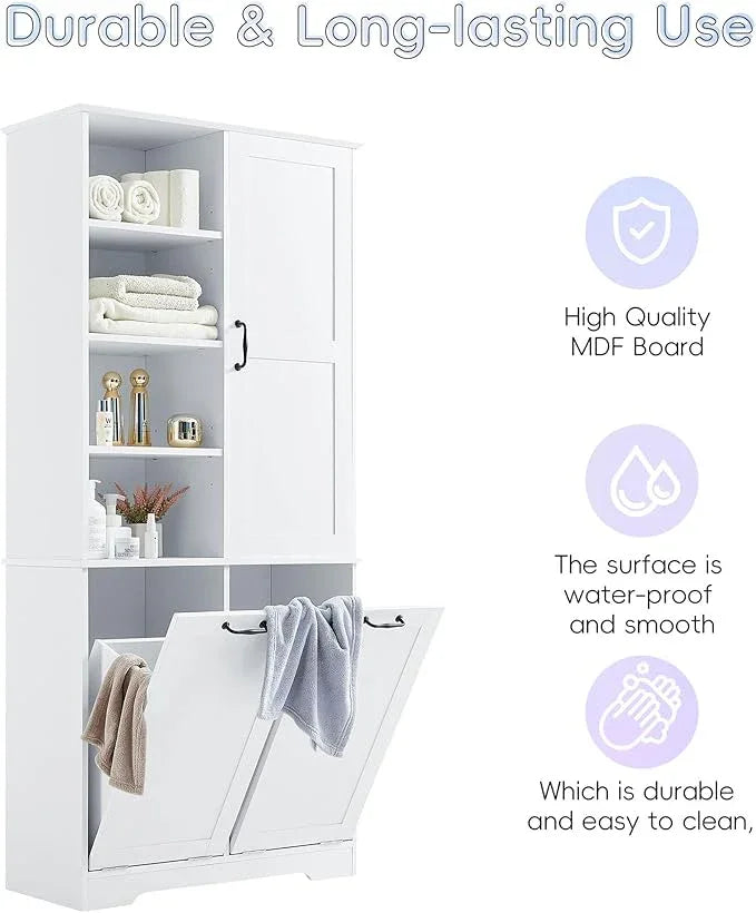 Bathroom Storage Cabinet with Doors and Drawers, Tilt-Out Laundry Hamper, Multiple Storage Space, Freestanding Style, Open Shelve, Adjustable Shelf (White) - ModernBath