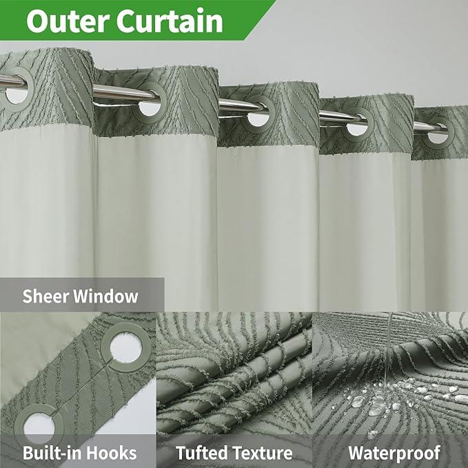 eachope no Hook Shower Curtain and Liner Set，Boho Style with See Through Top Window, SageGreen Fabric Tufted Striped Textured Outer Curtain & Waterproof Inner Liner, SageGreen, 71Wx74H - ModernBath