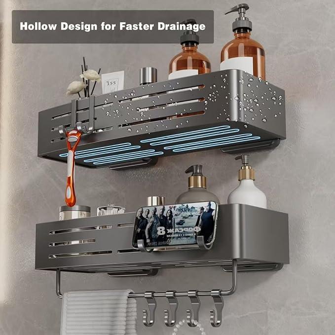 Voldra Shower Caddy Suction Cup, 1 Pack Shower Shelves for Inside Shower No Drilling, Aluminum Suction Showers Organizer with Towel Bar & Hooks Removable Bathroom Shelf Storage Rack(Gray) - ModernBath