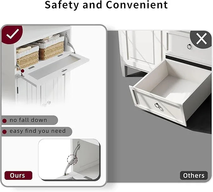 ChooChoo Bathroom Floor Storage Cabinet with Flip Glass Drawer, Freestanding with 2 Doors, Adjustable Shelf & Open Storage for Living Room, Hallway, White - ModernBath