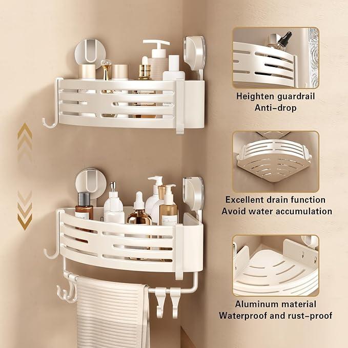 VOLPONE Corner Shower Caddy Suction Cup Shower Shelf Corner No Drilling Bathroom Shower Organizer Storage Rack Adhesive with Towel Bar Hooks(2-Pack, Ivory) - ModernBath