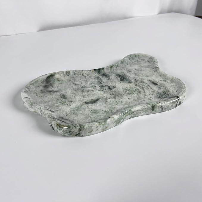WneFu Choiziic Natural Decorative Tray, Cloud Shape, 9.8x6.1x0.62 Inches, Modern Style, Polished Finish, Bathroom Kitchen Counter Vanity Organizer with Anti-Slip Mad (Green-Marble-P) - ModernBath
