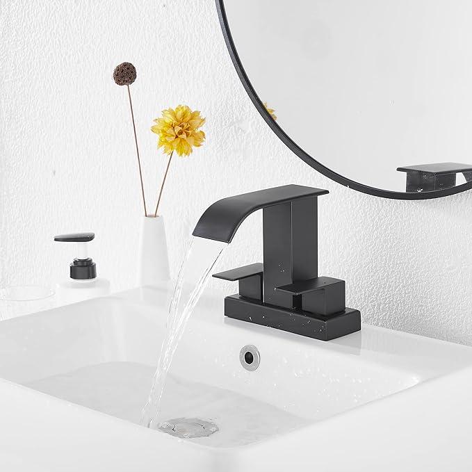 Bathroom Faucet Matte Black Modern GGStudy 2 Handles 4 Inches Centerset RV Black Waterfall Bathroom Vanity Faucet with Drain Assembly - ModernBath