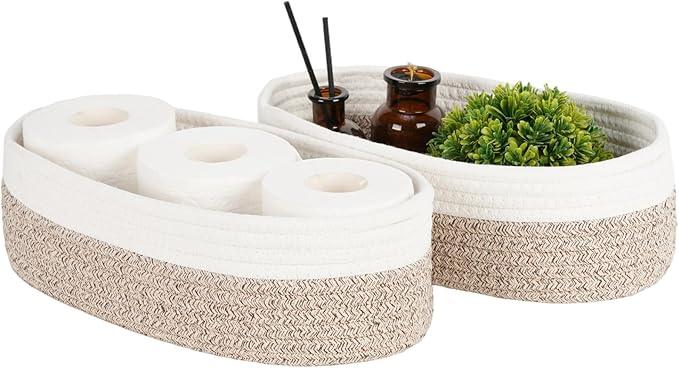 Temary 2PC Small Storage Bins Basket, 13x5.9x3.9 inch Woven Storage Basket with Handles for Storage Toilet Paper Rolls, Narrow Storage Baskets for Entryway, Closets, Shelves (Brown) - ModernBath
