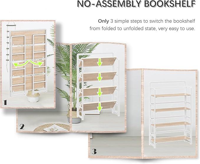 4NM No Assembly Extra Wide 4 Tiers Folding Bookshelf Storage Shelves Vintage Bookcase Standing Racks Study Organizer Home Office (Natural White) - ModernBath