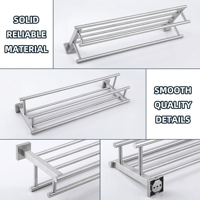 Towel Rack for Bathroom Brushed Nickel, Angle Simple SUS304 Stainless Steel Bath Towel Holder with Shelf for Wall 23.62 Inches - ModernBath