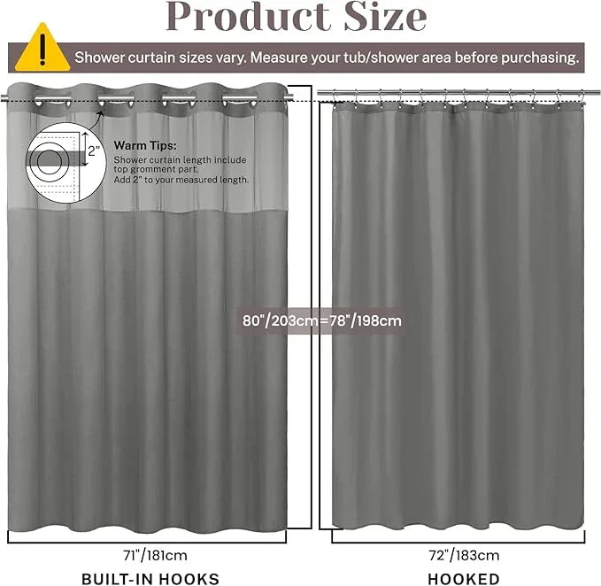 SORTTO No Hook Slub Textured Shower Curtain with Snap in Liner - Grey Fabric Outer Curtain & Waterproof Inner Liner, Hotel Style with See Through Top Window, 71x80 in - ModernBath