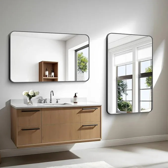 BONEWEI 30x48 inch Bathroom Mirror,Black Rectangle Mirror,Wall Mounted Bathroom Frame Vanity Mirror with Round Corner for Bedroom Living Room, Entryway Hangs Horizontal or Vertical - ModernBath