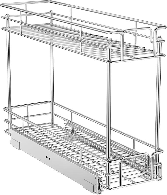 ROOMTEC Pull Out Spice Rack for Narrow Cabinet (8½" W X 21" D),2 Tier Slide Out Cabinet Organizer and Pull Out Shelves Under Cabinet Storage for Kitchen, Chrome - ModernBath