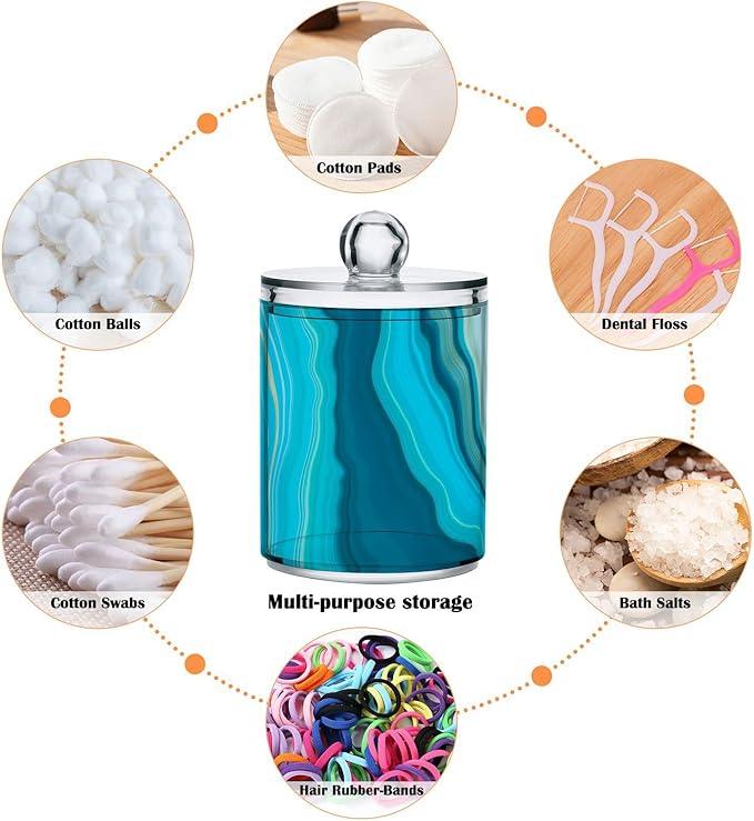 BOENLE 2 Pack Qtip Holder Dispenser Teal Turquoise Blue Marble Bathroom Storage Canister Lid Acrylic Plastic Apothecary Jar Set Vanity Makeup Organizer for Cotton Swab/Ball/Round Pads, Floss - ModernBath