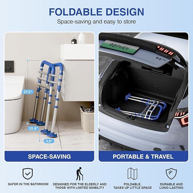 Loyoda Foldable Toilet Safety Rails for Seniors - Adjustable Toilet Safety Frame & Toilet Handles for Elderly & Disabled, Fits Most Toilets, 350lb Capacity, Blue - ModernBath