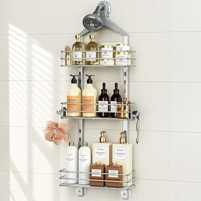 Orimade Aluminum Hanging Shower Caddy Over Head, Adjustable Anti-Slip Bathroom Shelves with Hooks, Rustproof Shower Organizer Storage Rack, Silver 3 Tier - ModernBath