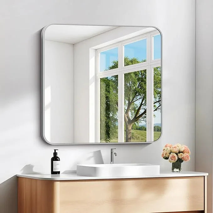 DESBING 30" x 30"Bathroom Mirror, Silver Wall Mirror with Metal Frame, Decorative Rectangular Vanity Mirror for Bedroom Bathroom Living Room Entryway (Horizontal/Vertical) - ModernBath