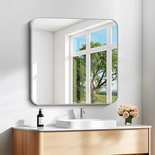 DESBING 30" x 30"Bathroom Mirror, Silver Wall Mirror with Metal Frame, Decorative Rectangular Vanity Mirror for Bedroom Bathroom Living Room Entryway (Horizontal/Vertical) - ModernBath