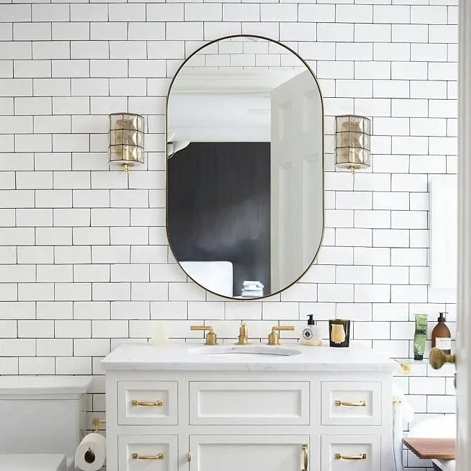 Andy Star Brass Oval Mirror, 24x40 Inch Bathroom Mirror Gold, Brass Vanity Mirror, Pill Shaped Mirrors Gold Metal Frame Stainless Steel 1’’ Deep Hang Vertically & Horizontally - ModernBath