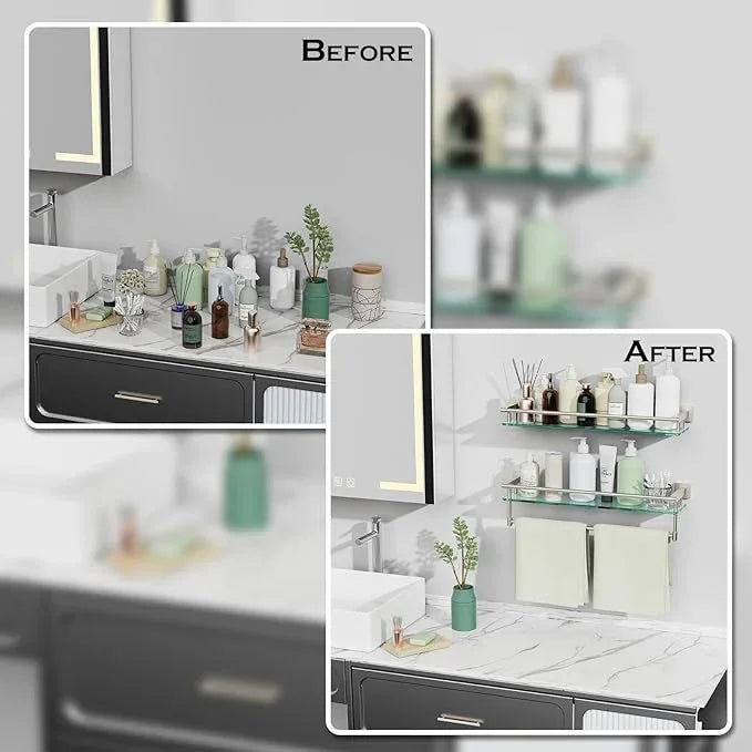24-Inch Modern Wall-Mounted Bathroom Glass Shelf with 1 Shelf, Brushed Nickel, 1 Towel Bar, 45 lbs Weight Capacity - ModernBath