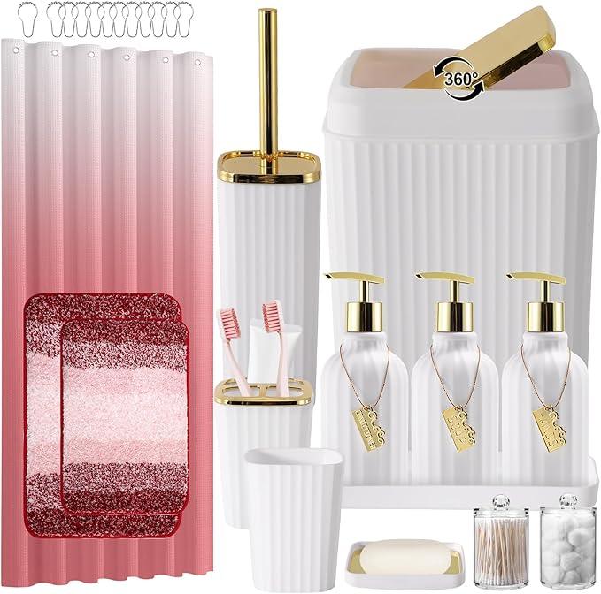 WSBArt 32PCS Bathroom Set Bathroom Sets with Shower Curtain and Rugs Gold Bathroom Accessories,Shower Curtain Set,Bathroom Rug Set with Bathroom Trash Can - ModernBath