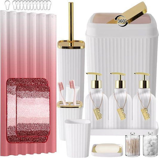 WSBArt 32PCS Bathroom Set Bathroom Sets with Shower Curtain and Rugs Gold Bathroom Accessories,Shower Curtain Set,Bathroom Rug Set with Bathroom Trash Can - ModernBath