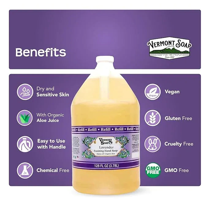 VERMONT SOAP Organics Foaming Hand Soap, Liquid Soap with Pre-diluted Formula - Ready to Use Hand Soap Lavender With Convenient and Economical Gallon Refill - ModernBath