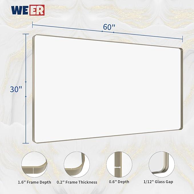 WEER 60X30 Inch Brushed Nickel Bathroom Mirror, Brushed Silver Metal Frame Mirror, Rounded Rectangle Silver Bathroom Vanity Mirror, Tempered Glass, Anti-Rust, Hangs Horizontally or Vertically - ModernBath