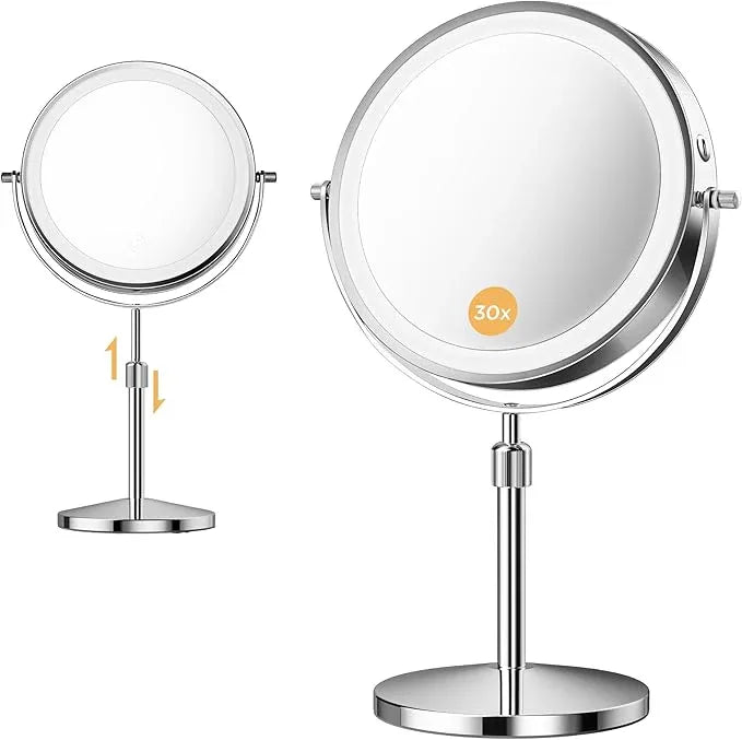 tubbede Makeup Mirror, 1X/30X Magnification with 3 Level LED Lights, 5000 mAh Rechargeable Double Sided 9” Magnifying Mirror with 360° Rotation, Perfect for Precision Grooming and Makeup, Women Gift - ModernBath